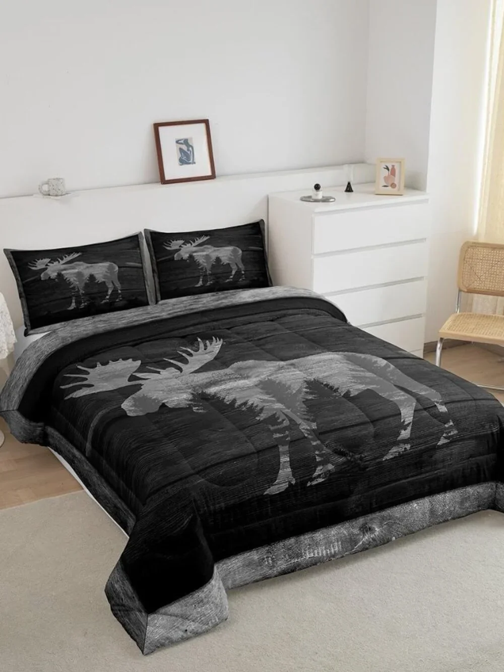 Moose Cabin Comforter Set Wild Animal Jungle Pine Trees Silhouette Bedding Set f